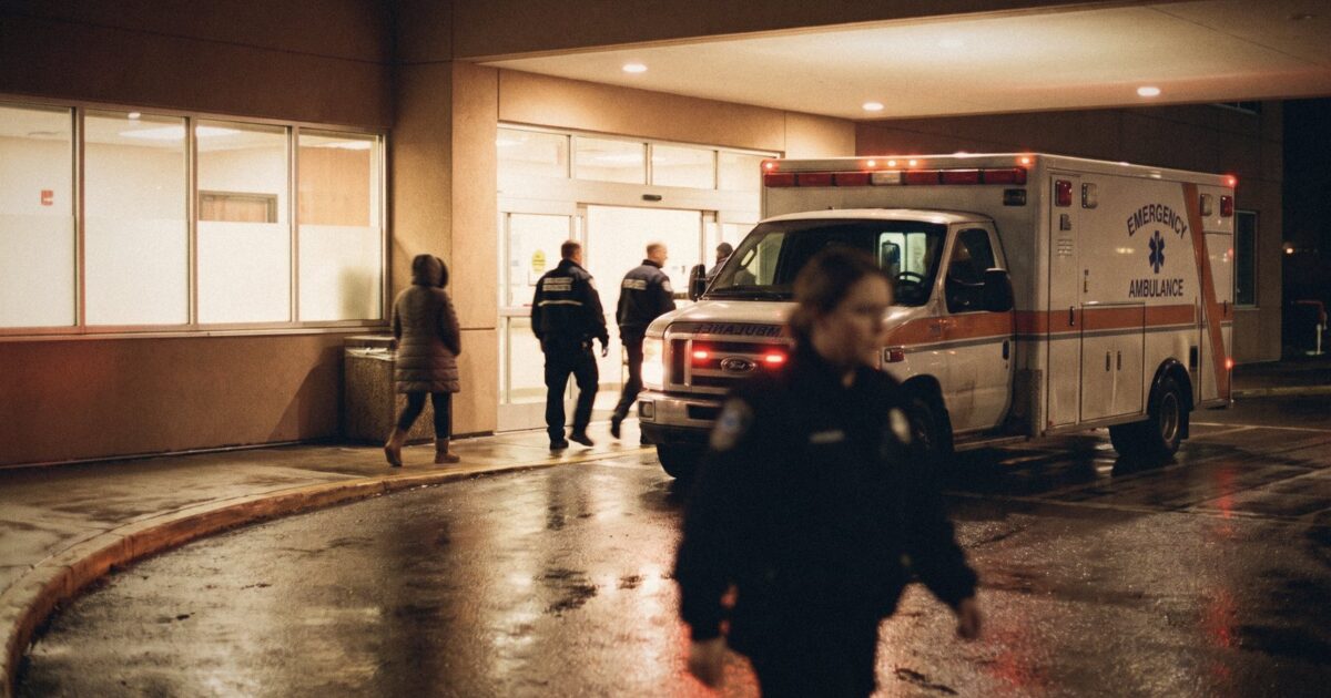An ambulance parked at an emergency department entrance at night, reflections on wet pavement