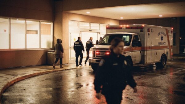 An ambulance parked at an emergency department entrance at night, reflections on wet pavement