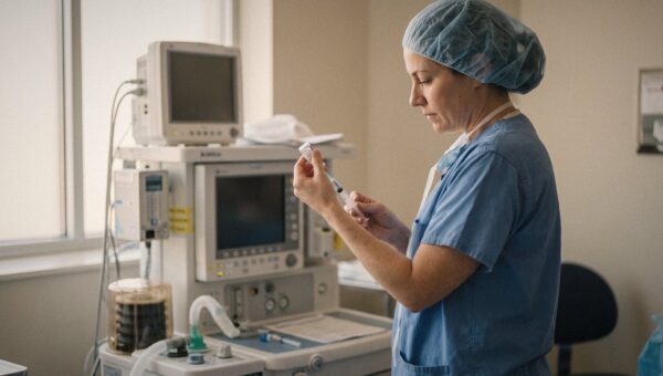 An anesthesiologist preparing a syringe beside an anesthesia machine