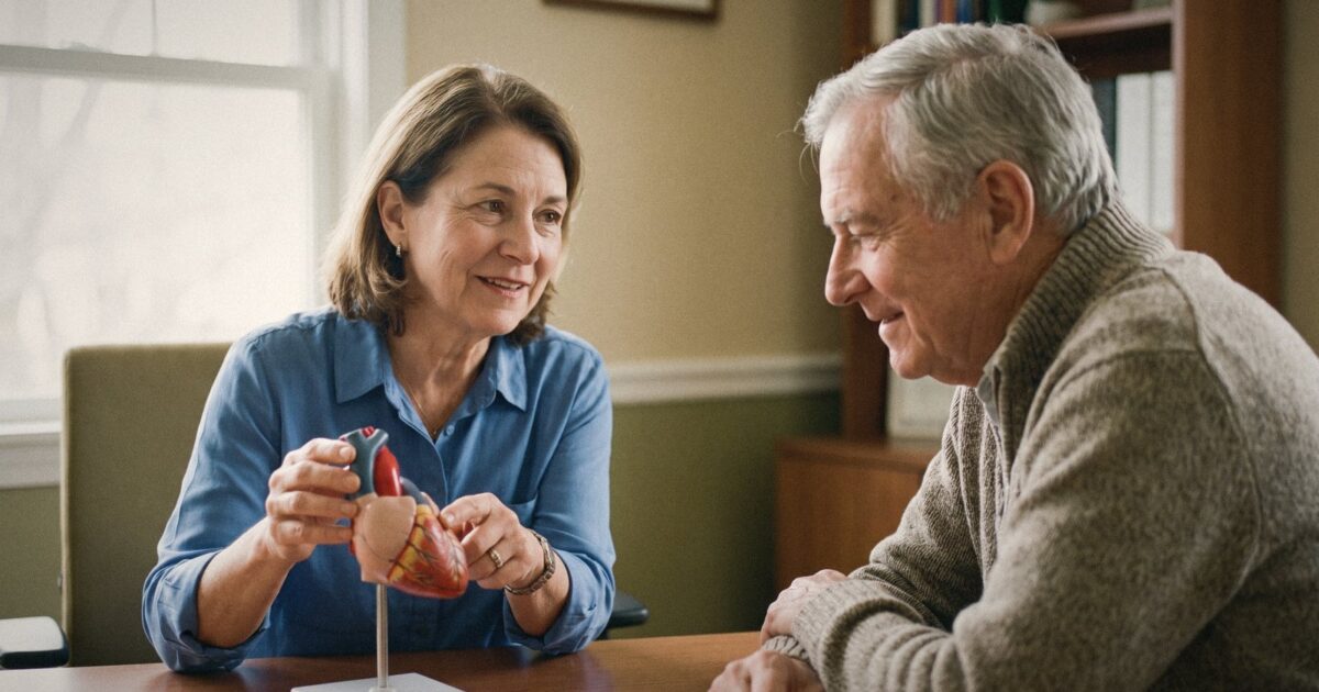 A cardiologist pointing to a heart model while explaining to an older patient
