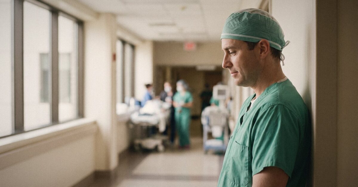 Environmental portrait of a male nurse anesthetist in scrubs and surgical cap in an OR corridor
