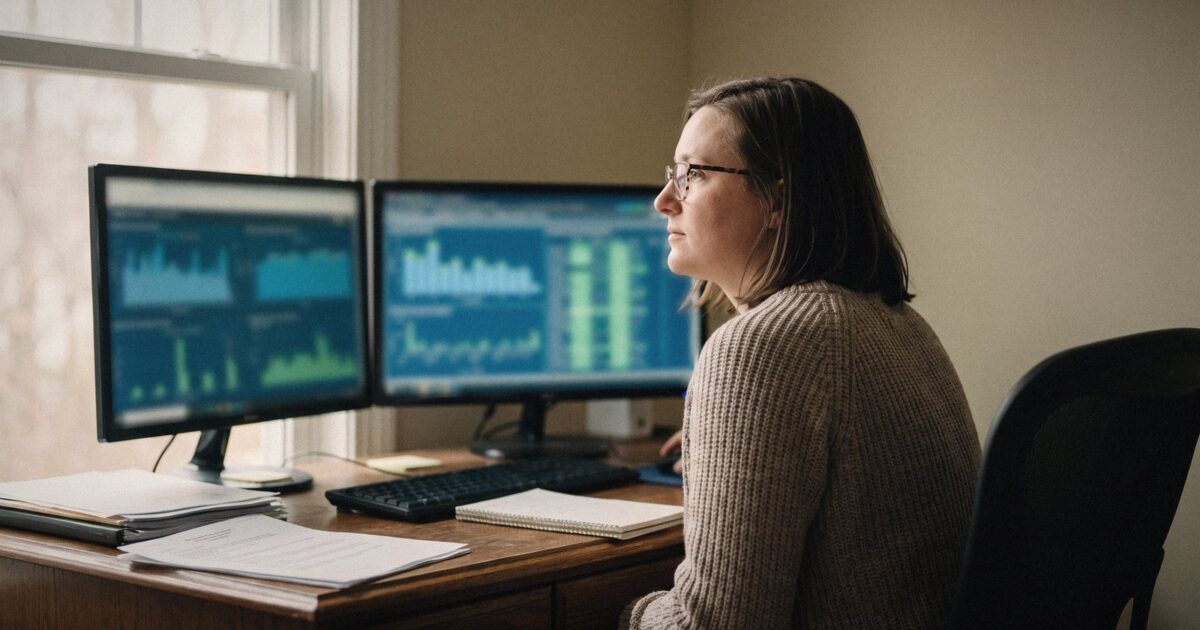A healthcare data analyst looking at charts on two monitors in an office, screens blurred