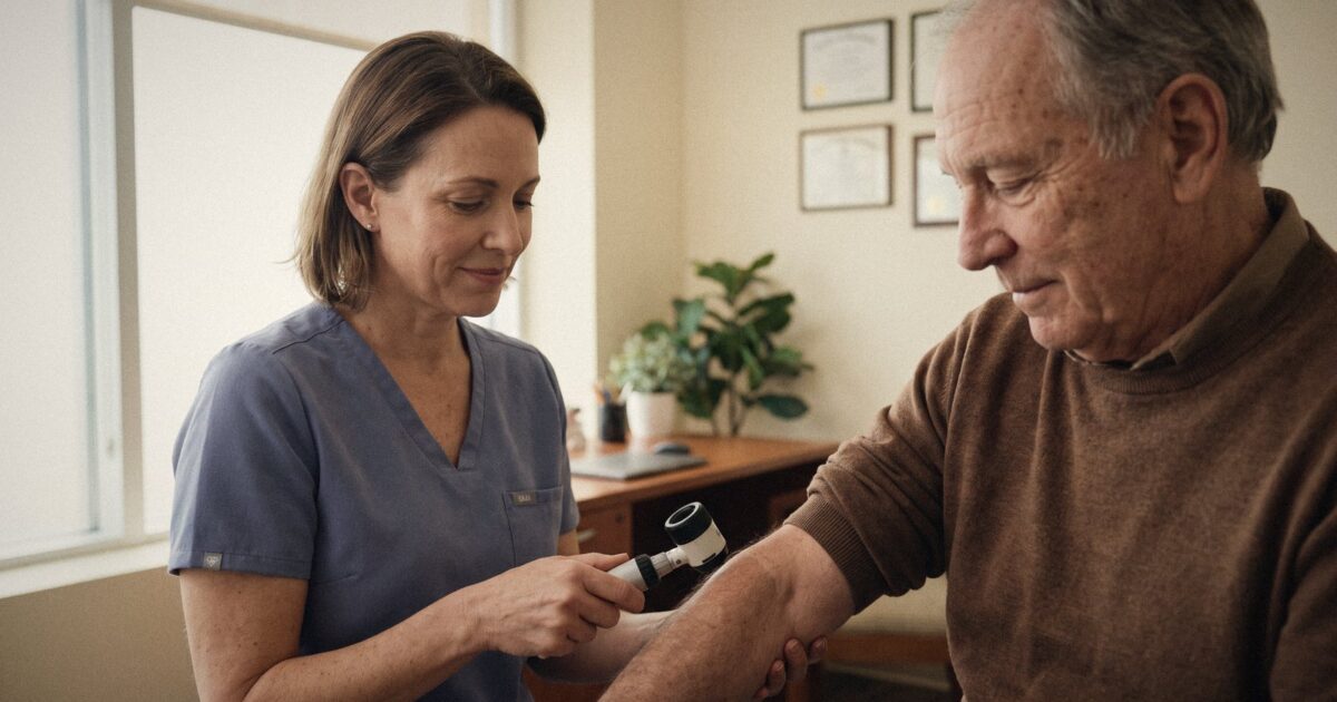 A dermatologist examining a patient's skin with a dermatoscope