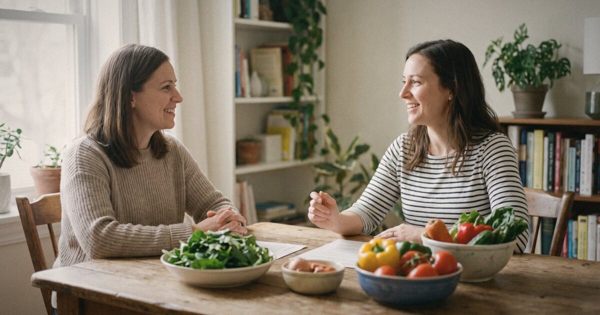 A registered dietitian talking with a client at a table with fresh vegetables