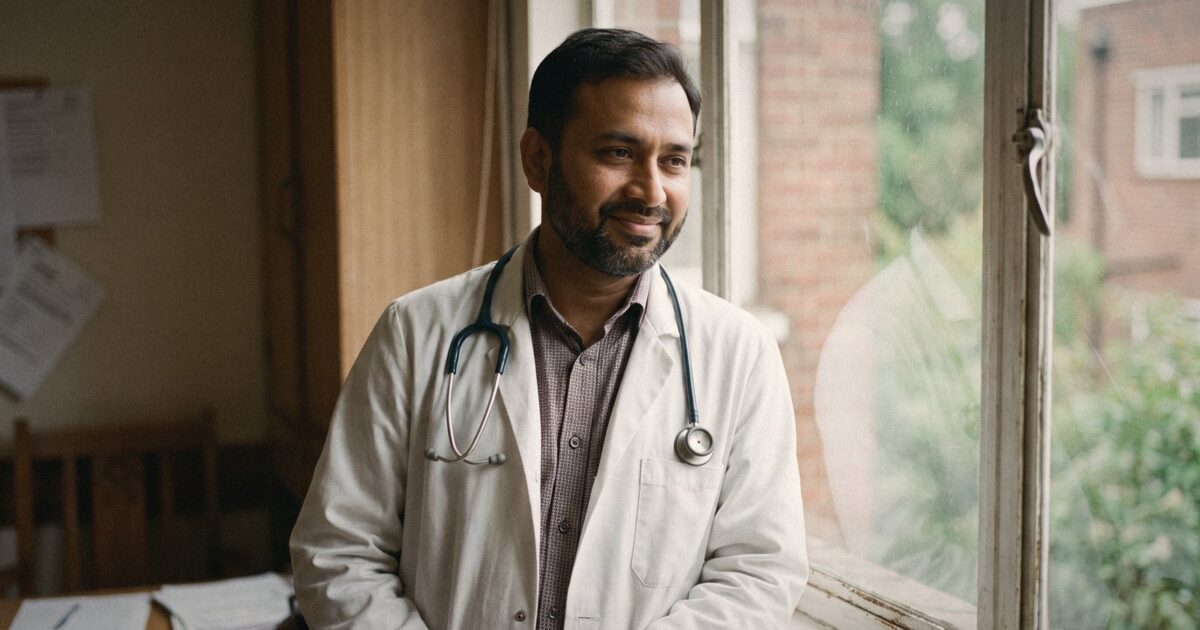 Portrait of a South Asian male doctor in a white coat beside a window, soft smile