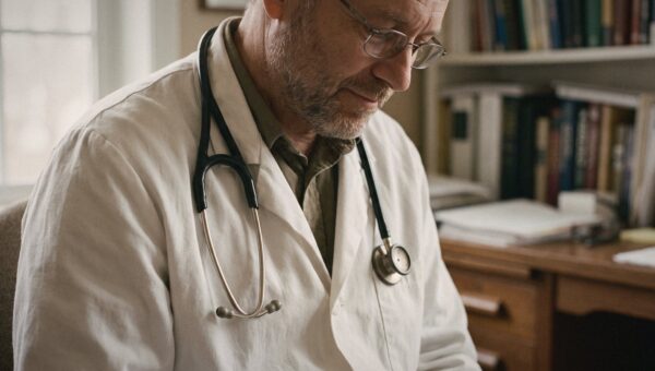 Close-up of a stethoscope draped around a doctor's neck over a white coat