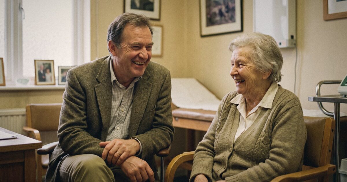 A family doctor laughing with an elderly patient in a small-town clinic