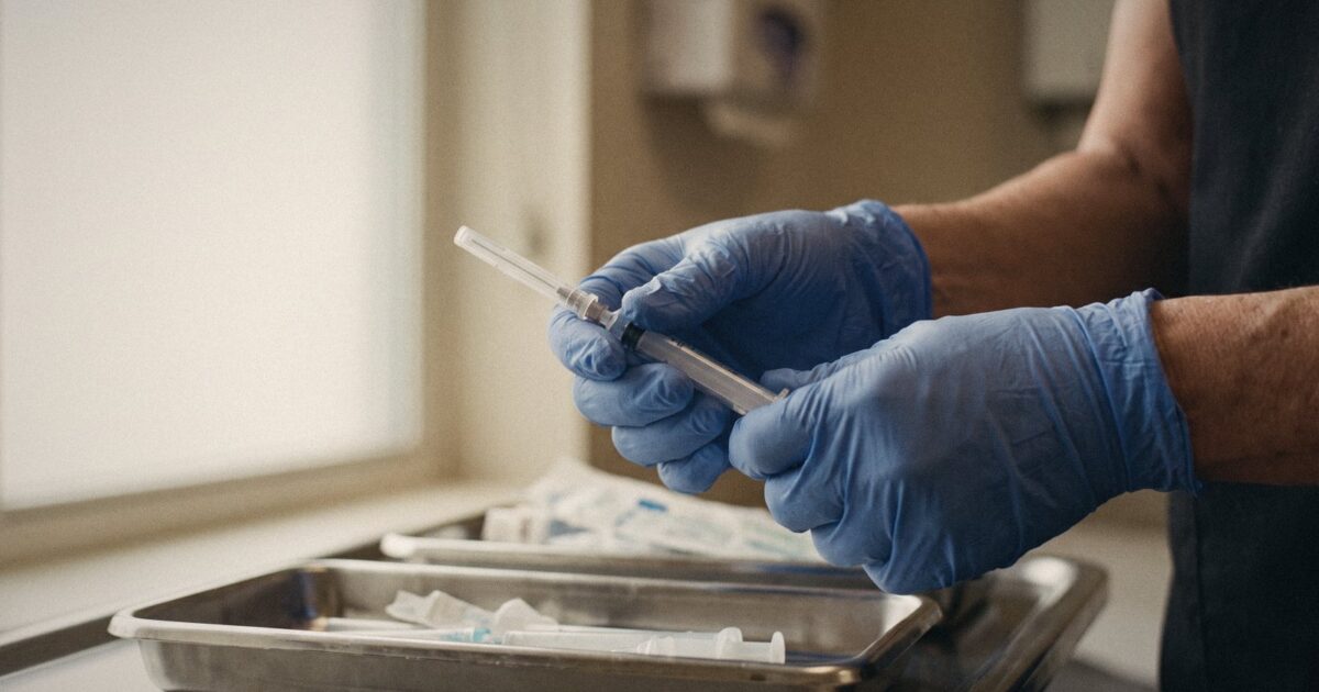 Close-up of a nurse's two hands wearing blue nitrile gloves, gently holding a capped syringe over a sterile tray