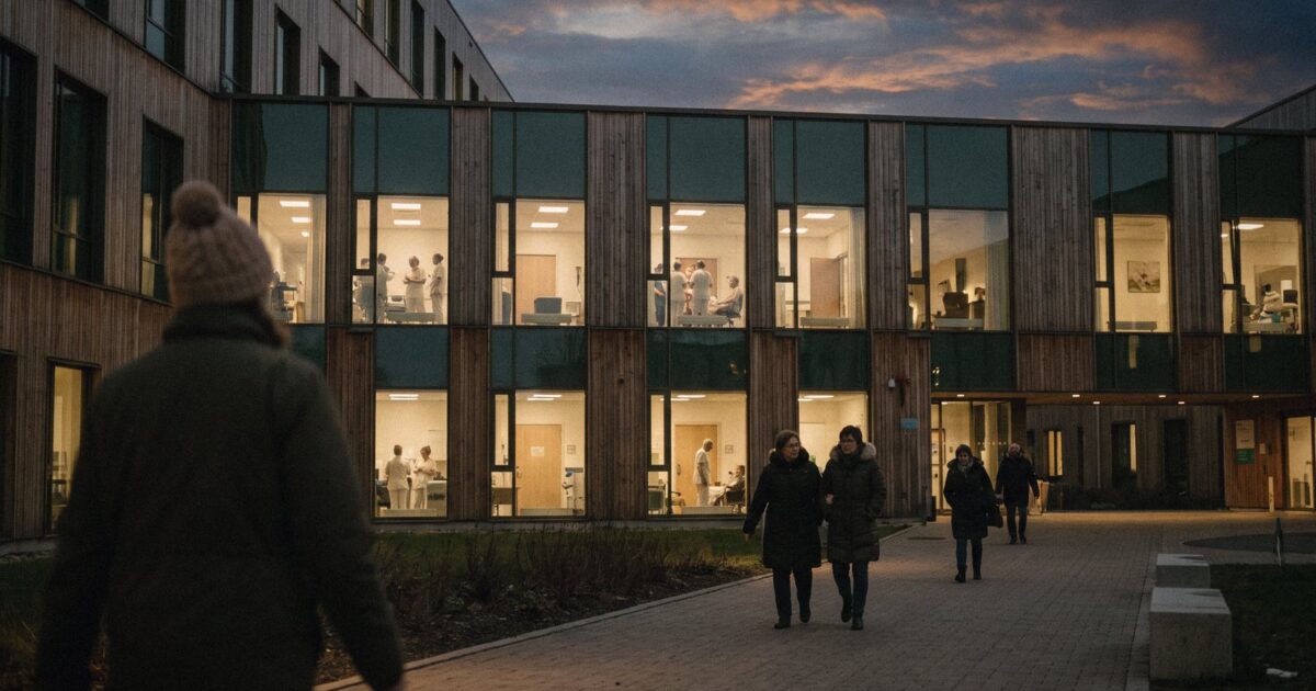 A modern hospital exterior at dusk with lit windows