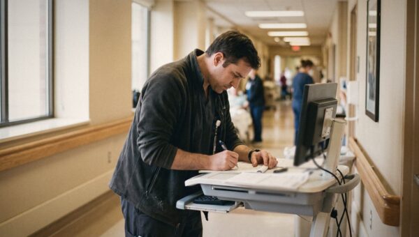 A hospitalist writing notes at a standing workstation in a hospital hallway