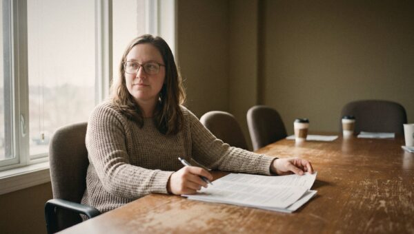 An HR director reviewing printed resumes with a pen at a conference table