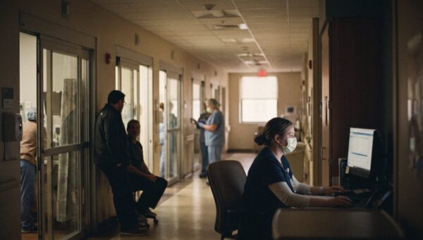 A quiet ICU corridor at night with glass-door rooms