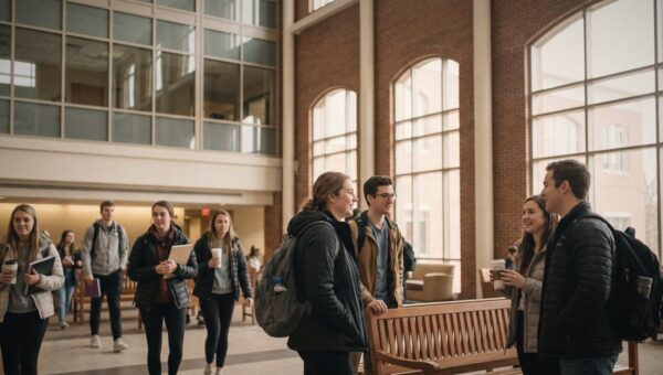 A medical school campus building with students walking