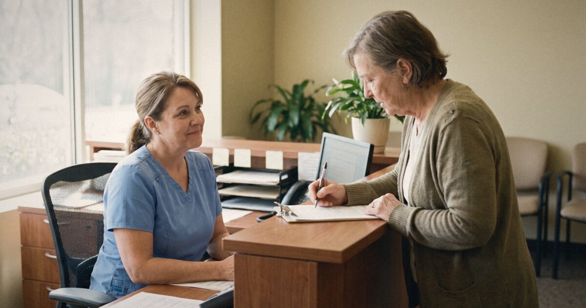 A medical assistant checking in a patient at a clinic front desk