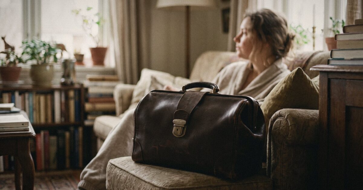A doctor's leather medical bag on a chair in a home