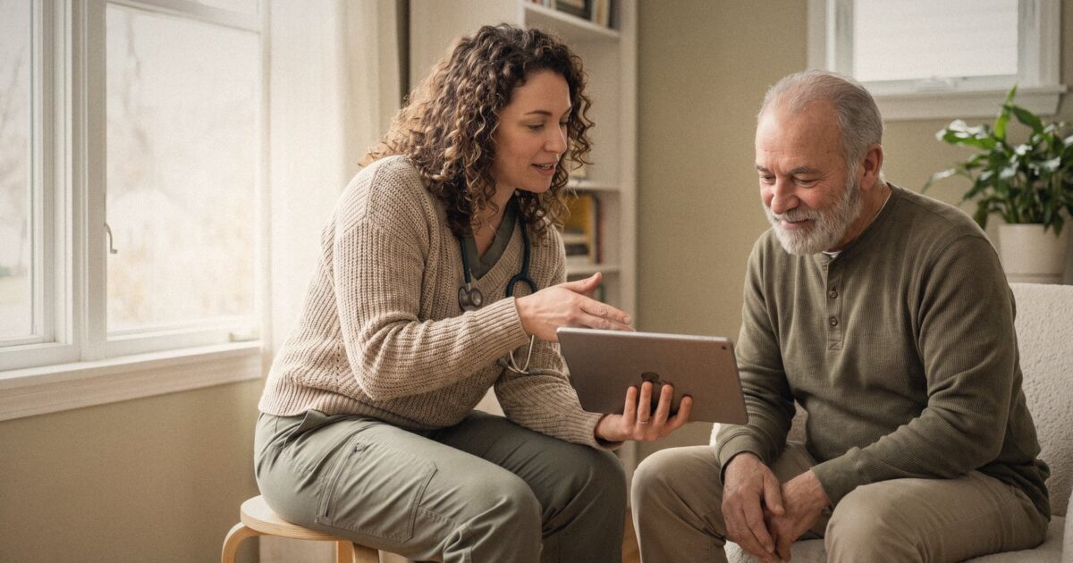 A nurse practitioner explaining results on a tablet to a seated patient