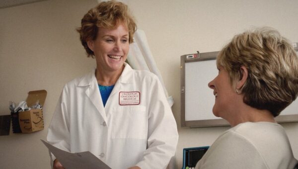A female doctor in a white coat talking with a colleague in a clinic office