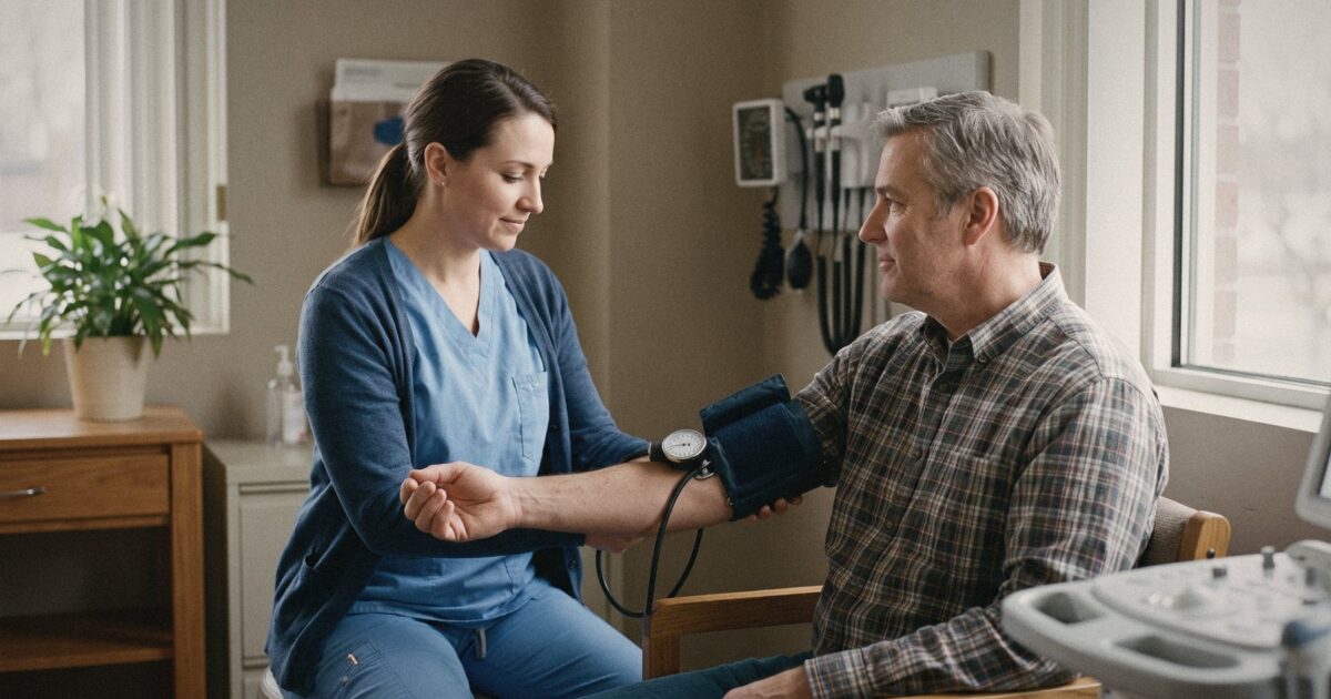 A nurse taking a middle-aged man's blood pressure with a manual cuff in an exam room