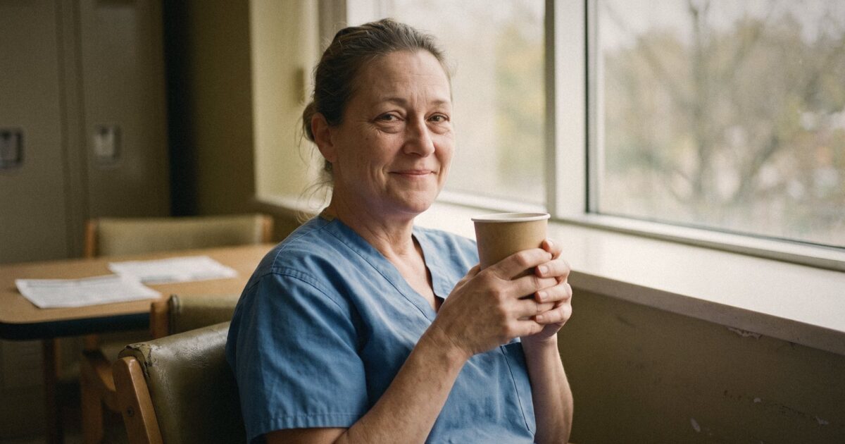A tired but smiling nurse holding a paper coffee cup in a hospital break room by a window