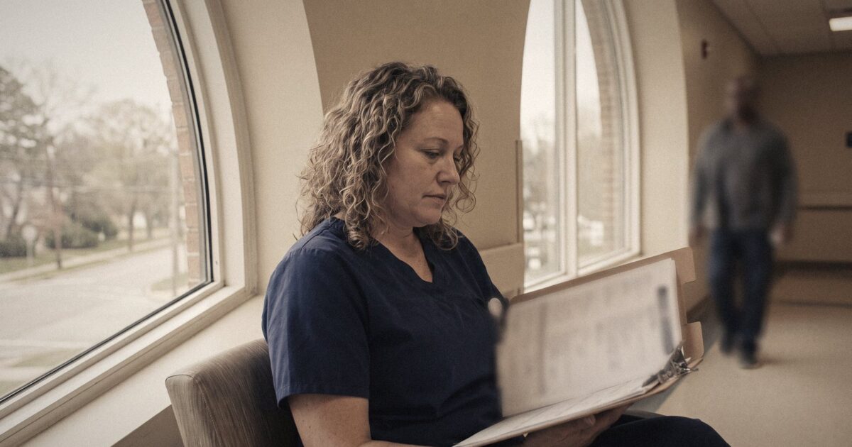 A female nurse in navy scrubs reviewing a patient chart beside a large hospital window