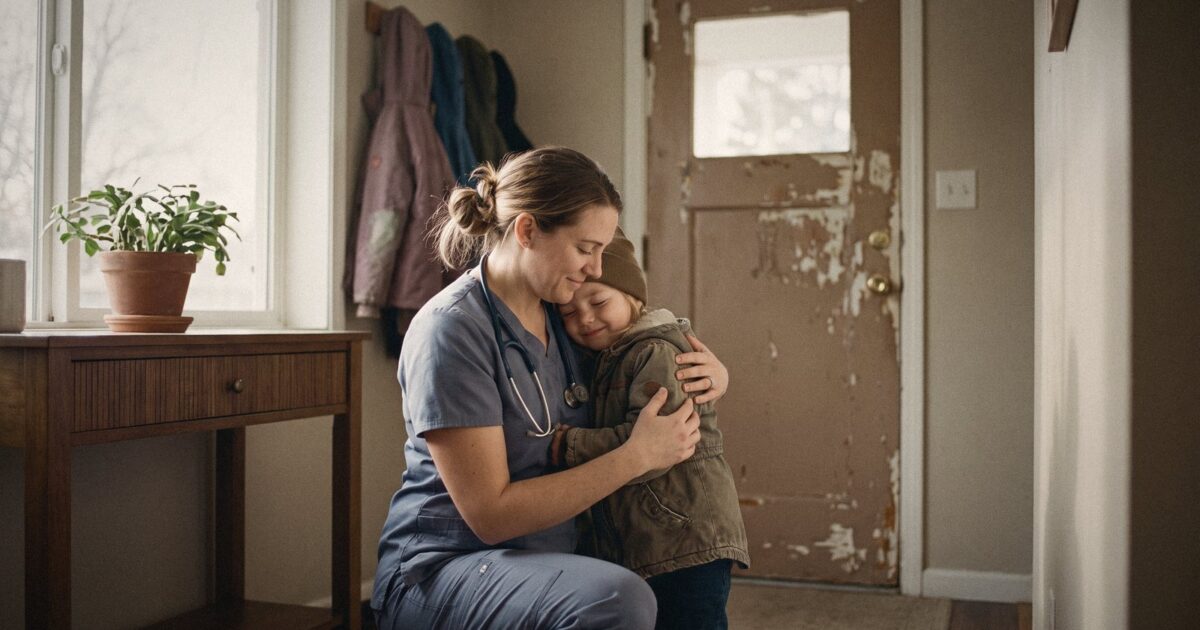 A nurse in scrubs hugging her young child at the front door after a shift