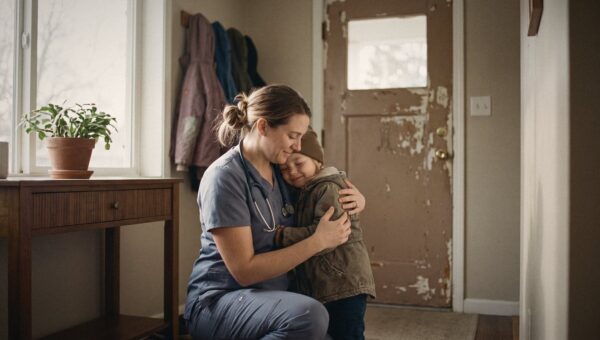 A nurse in scrubs hugging her young child at the front door after a shift