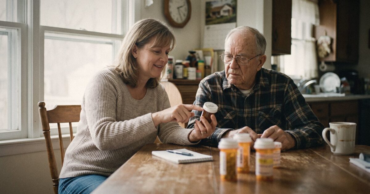 A home health nurse sitting at a kitchen table with an elderly man, reviewing medications