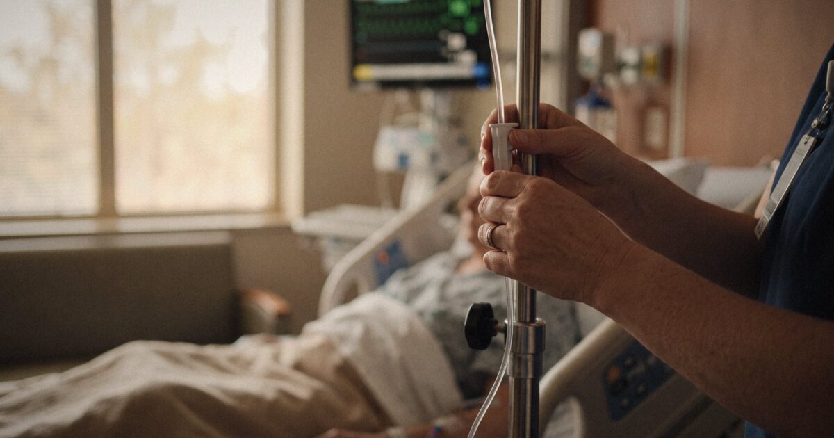 Close view of a nurse's hands adjusting an IV drip line at a bedside, patient blurred in background
