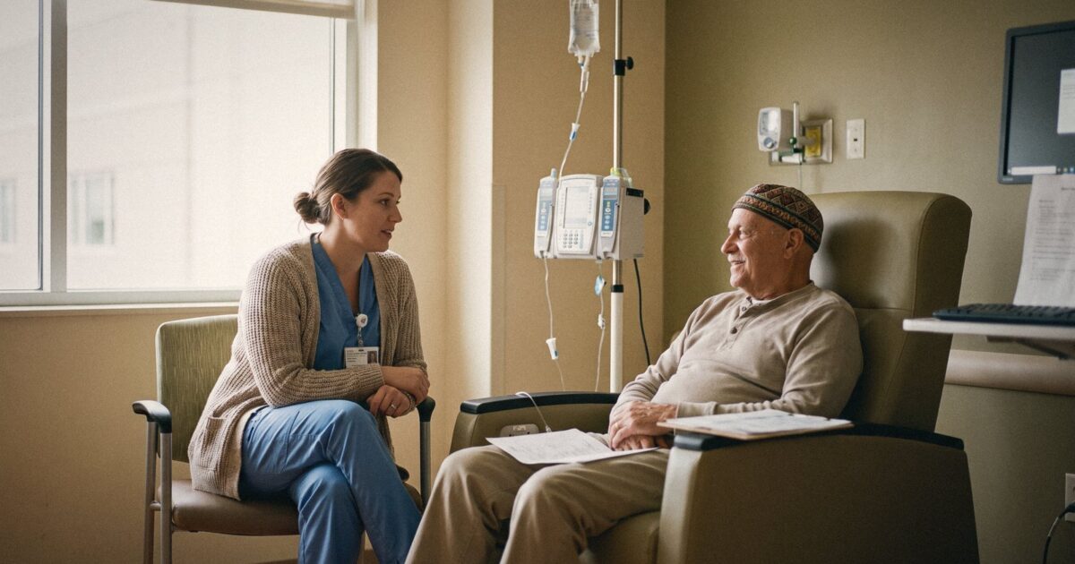 An oncology nurse sitting beside a patient in an infusion chair, talking, warm light