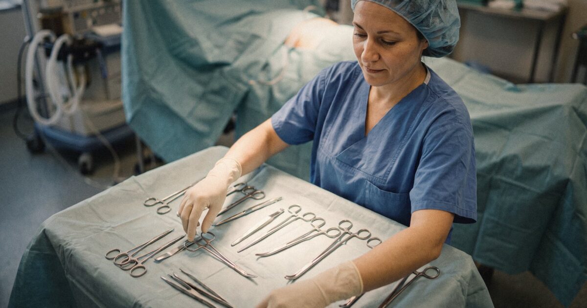 A scrub nurse arranging sterile surgical instruments on a tray, overhead light