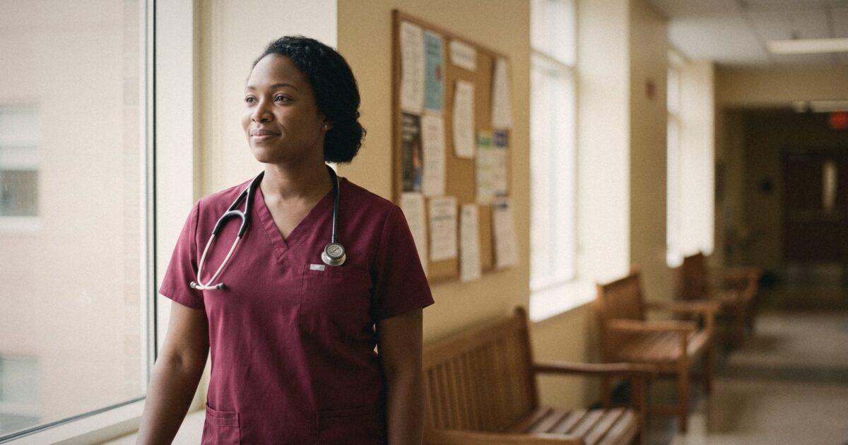 Environmental portrait of a Black female nurse in maroon scrubs standing in a hospital hallway, confident, calm