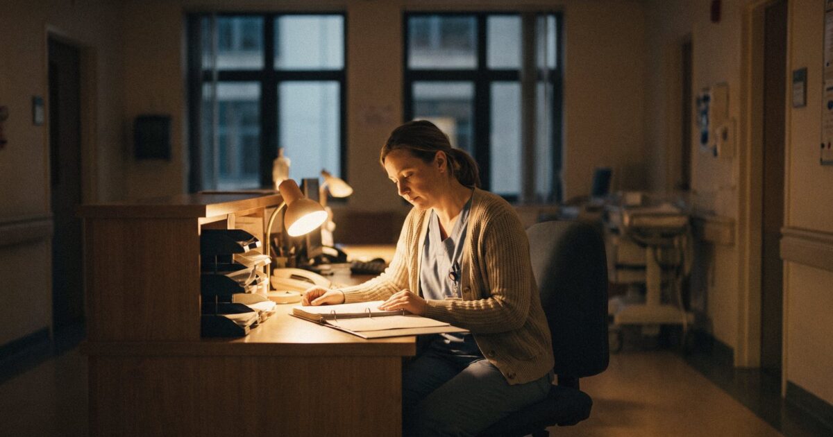 A nurse at a nurses station during the night shift, warm desk lamp glow, quiet unit