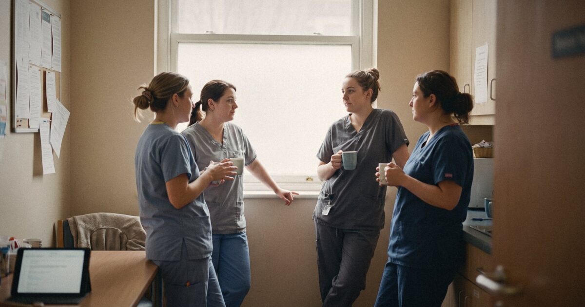 A small group of nurses in a morning huddle at the start of a shift, candid