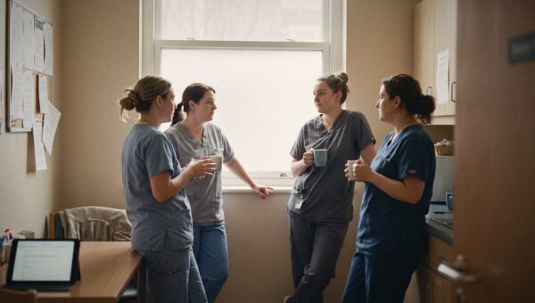 A small group of nurses in a morning huddle at the start of a shift, candid