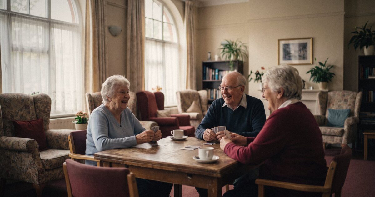 A cozy nursing home common room with residents playing cards