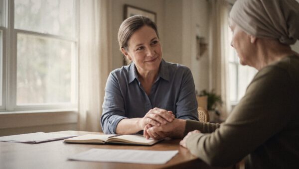 An oncologist holding a patient's hand while discussing a treatment plan