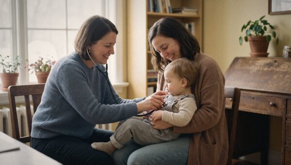 A pediatrician examining a toddler on a parent's lap