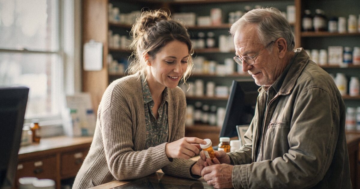 A pharmacist at a pharmacy counter explaining a prescription to a customer