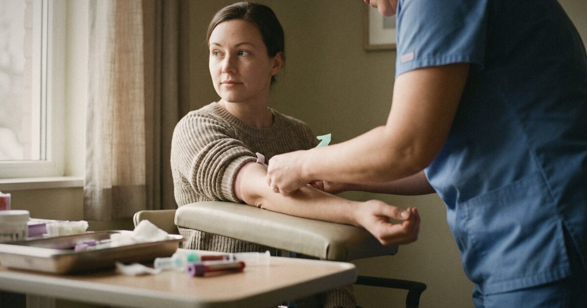 A phlebotomist drawing blood from a patient's arm, calm, close view