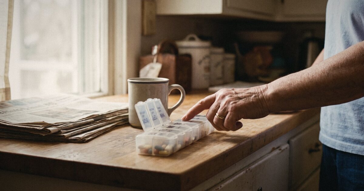 A weekly pill organizer on a kitchen counter with soft light