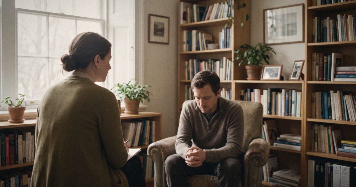 A psychiatrist listening to a patient in a calm office with bookshelves