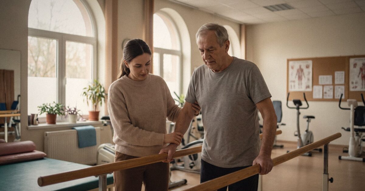 A rehab gym with a therapist helping a man walk between parallel bars
