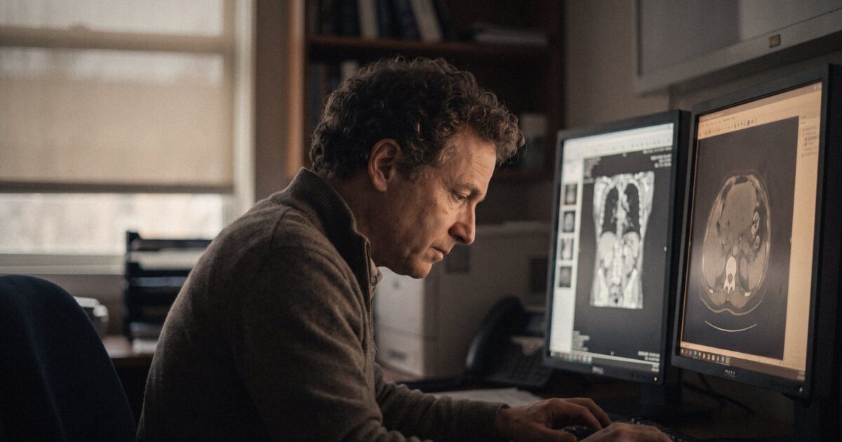 A radiologist reading scans on several monitors in a dark reading room