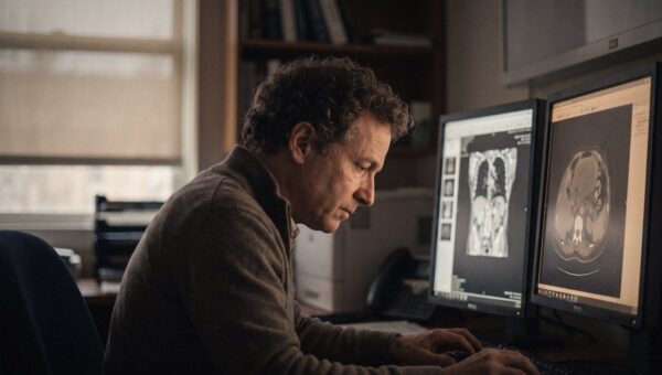 A radiologist reading scans on several monitors in a dark reading room