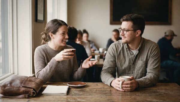A recruiter and a nurse having a casual coffee meeting at a cafe
