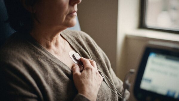 A wearable heart monitor on a patient's chest, close up