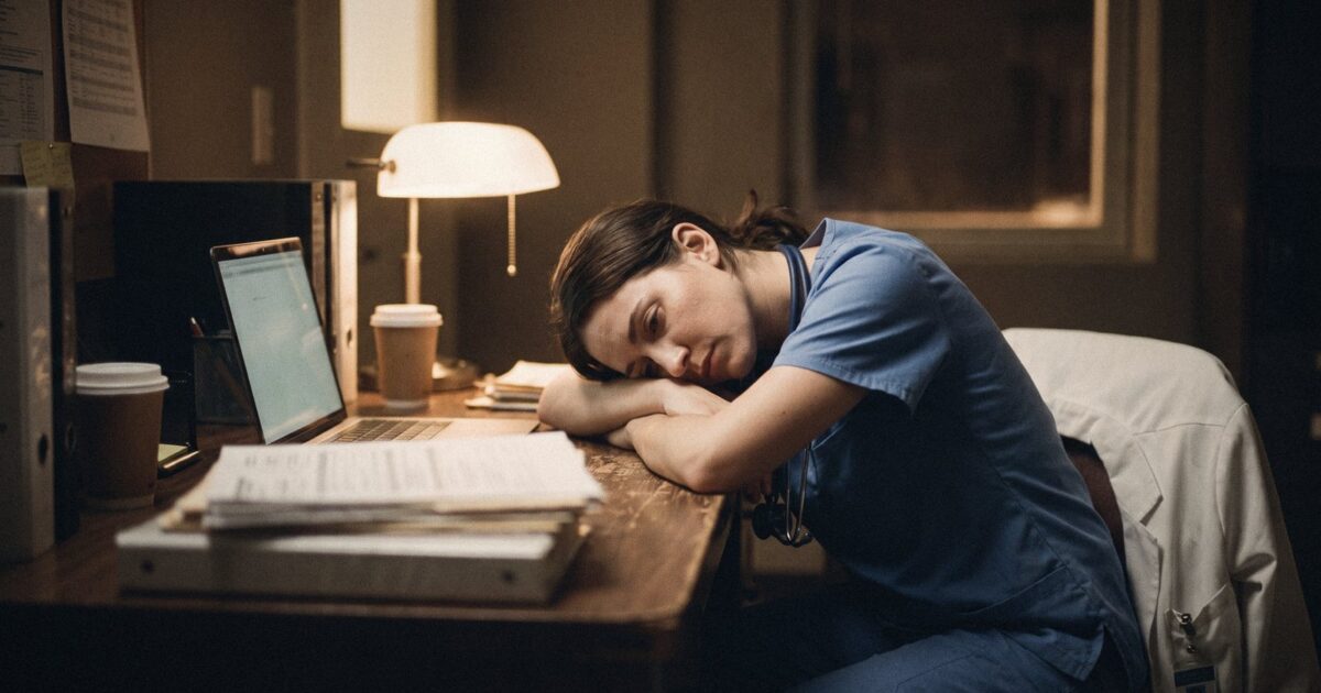 A medical resident resting their head on a desk late at night in a call room