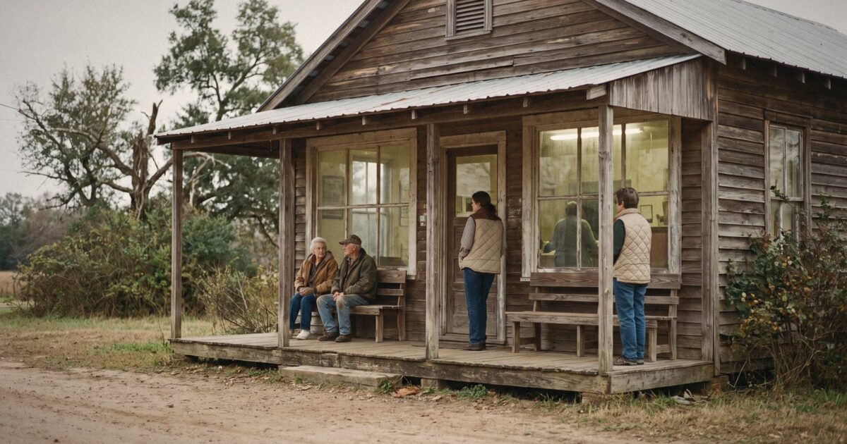 A single photo of a small rural health clinic building with a porch on a quiet country road