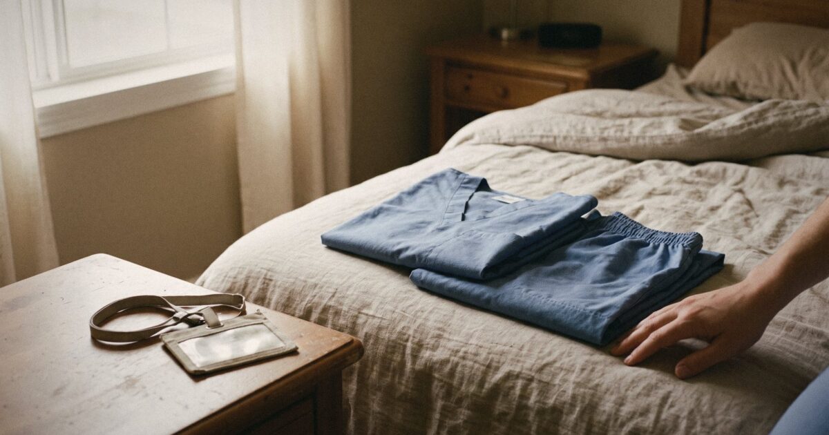 Neatly folded scrubs and a badge on a bed, morning light