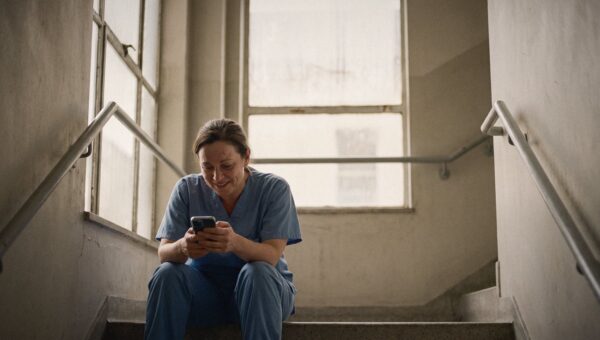 A nurse checking a smartphone in a hospital stairwell